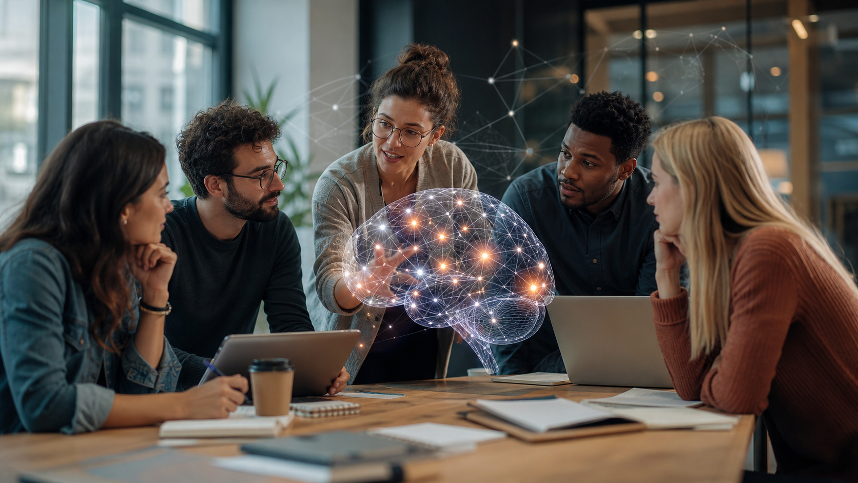 Grupo de profesionales analizando una visualización cerebral y redes neuronales en contexto académico