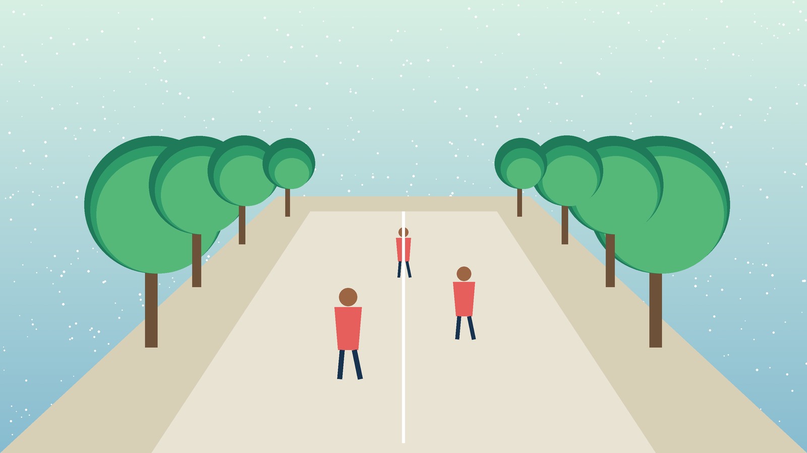 Ilustración editorial en perspectiva de una calle peatonal arbolada; copas verdes crean sombra continua sobre tres personas caminando.