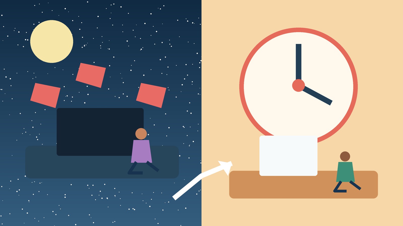 Ilustración dividida: a la izquierda, distracciones nocturnas; a la derecha, un reloj grande y un escritorio organizado para comenzar a estudiar.