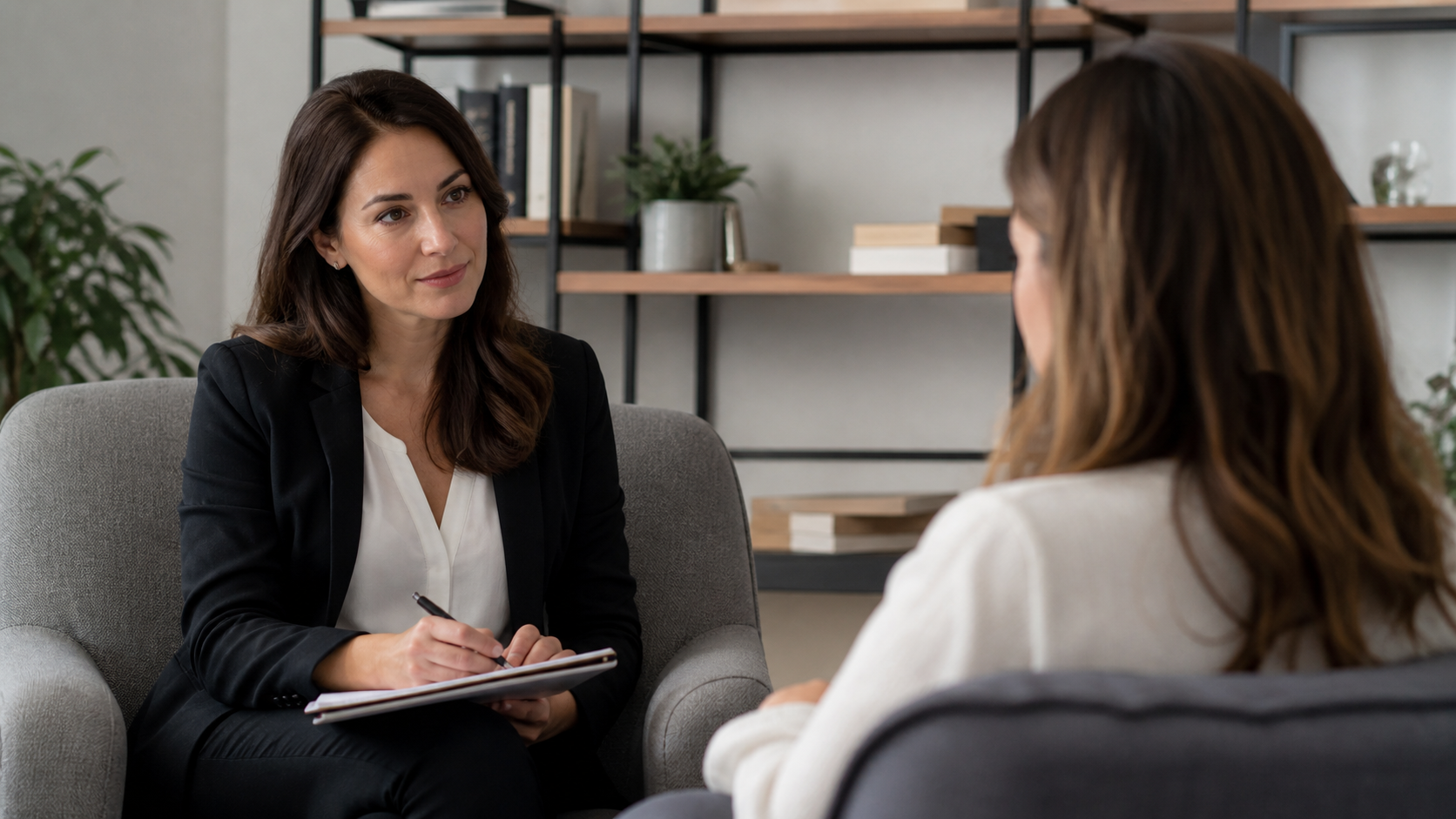 Psicoterapeuta profesional realizando una entrevista clínica inicial en una consulta moderna