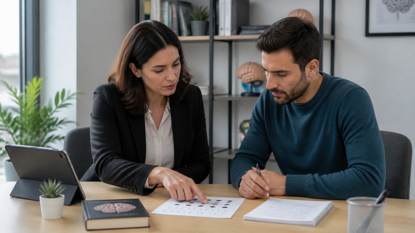 Profesional de neuropsicología revisando tareas cognitivas sobre memoria de trabajo en adultos