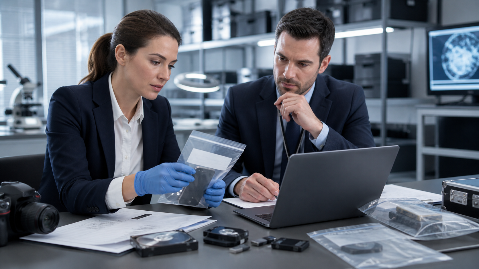 Profesionales forenses revisando evidencia tecnológica para cadena de custodia digital