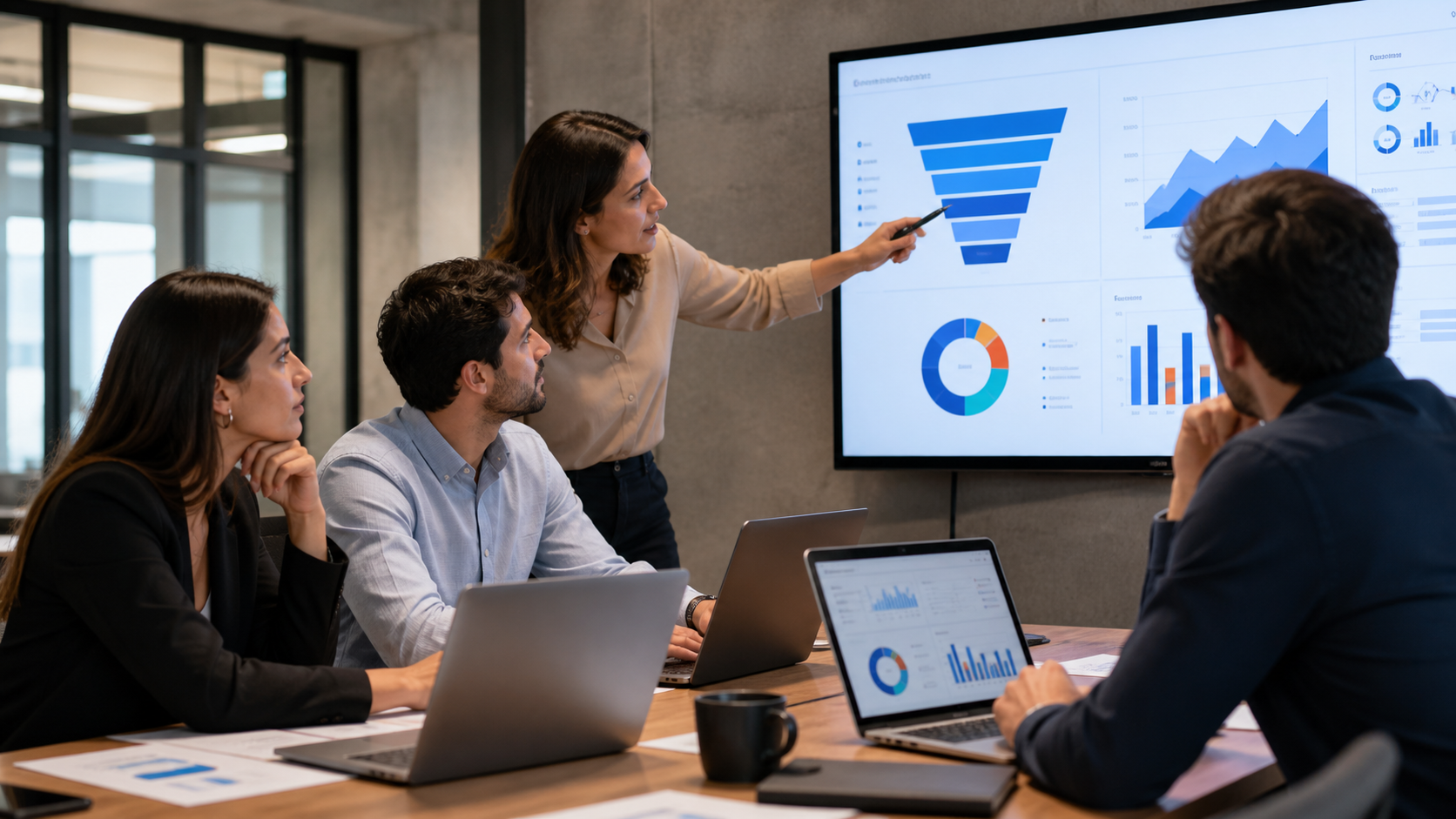 Profesionales de marketing educativo analizando atribución de contenido y leads