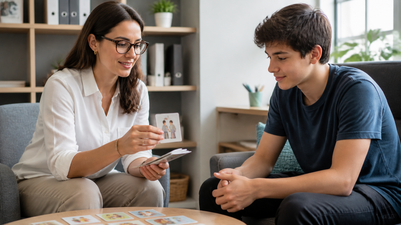 Profesional de terapia del lenguaje trabajando comunicación social con un adolescente