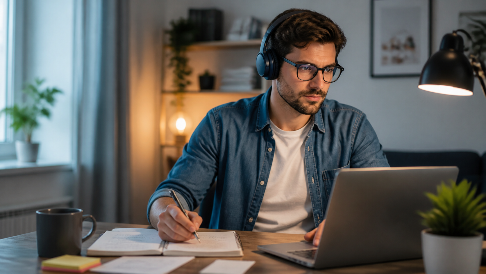 Profesional adulto estudiando online mientras organiza su agenda de trabajo