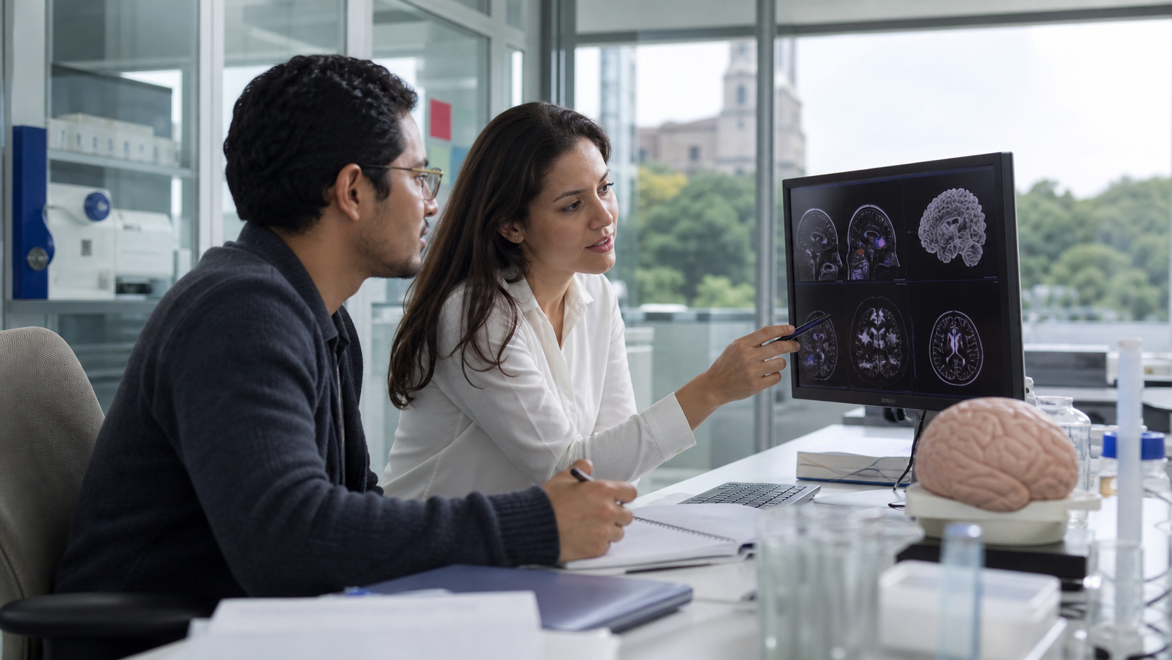 Investigadora y estudiante analizan imágenes cerebrales en un laboratorio académico