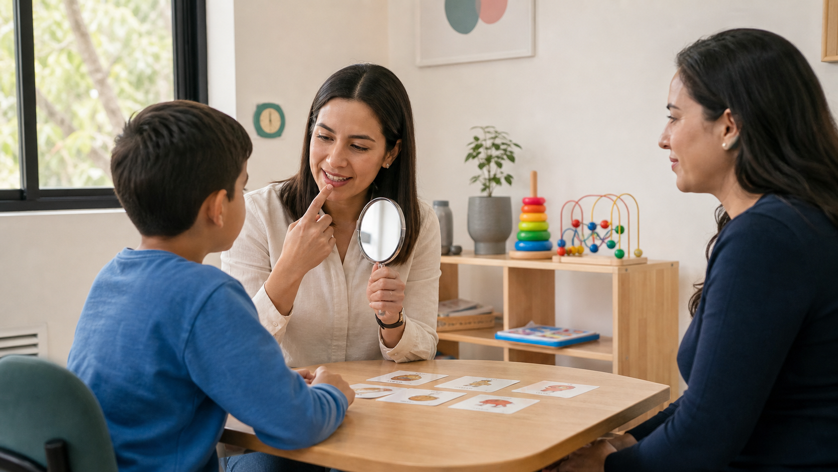 Terapeuta del lenguaje observa la comunicación de un niño con apoyo de su madre