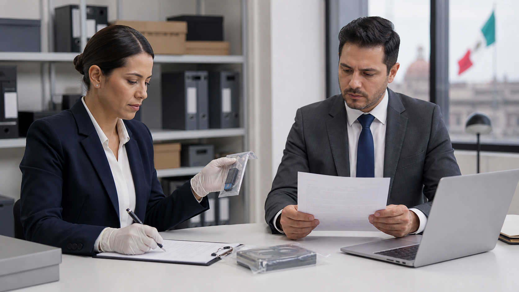 Especialista forense documenta un dispositivo digital sellado junto a un profesional jurídico