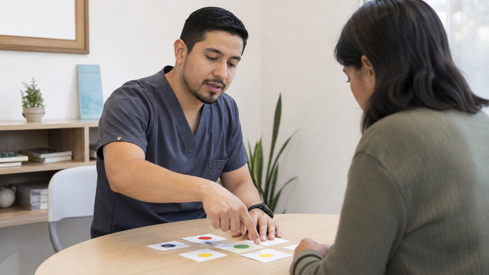 Profesional de neuropsicología analiza una tarea de memoria con una persona adulta