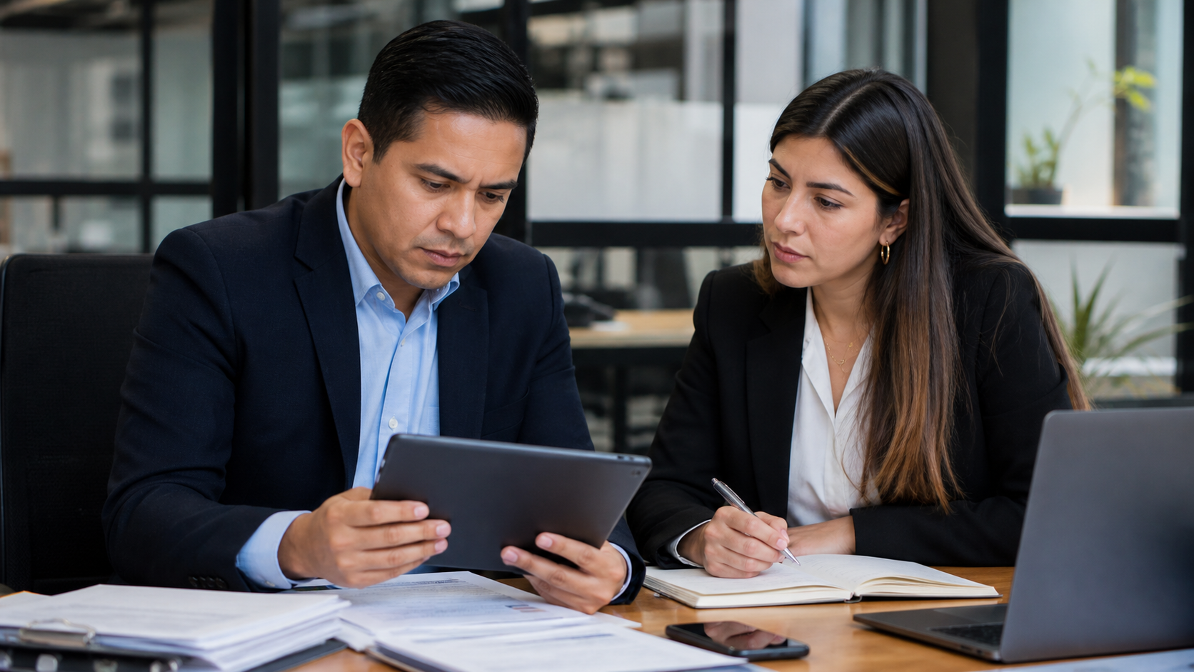 Especialistas forenses revisando fotografías y documentos técnicos de una escena