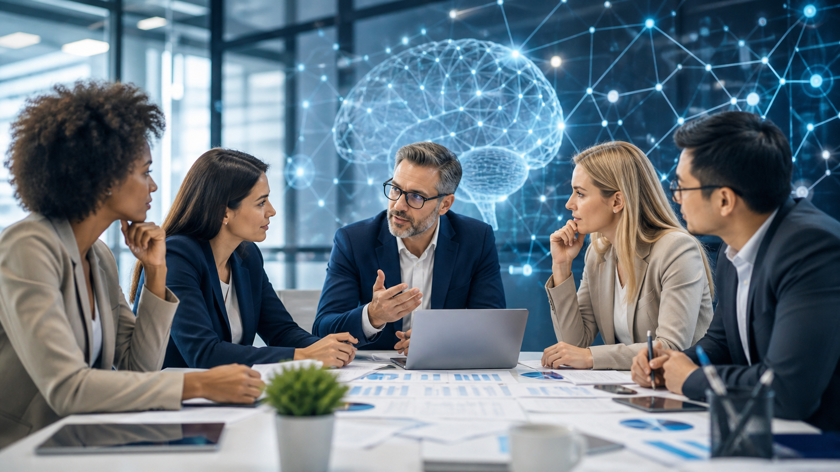 Equipo profesional aplicando neuromanagement en la gestión del talento con apoyo de neurociencia