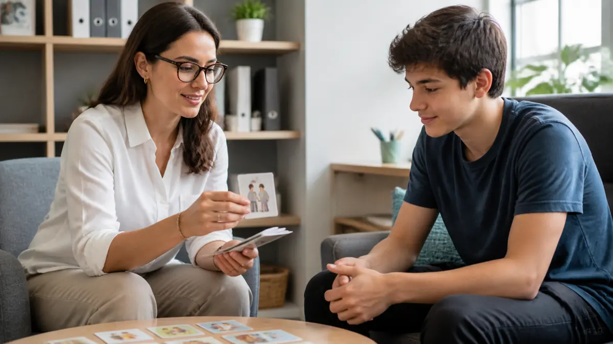 Intervención pragmática en adolescentes: cómo fortalecer la comunicación social Profesional de terapia del lenguaje trabajando comunicación social con un adolescente