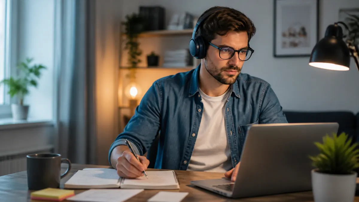 Profesional adulto estudiando online mientras organiza su agenda de trabajo